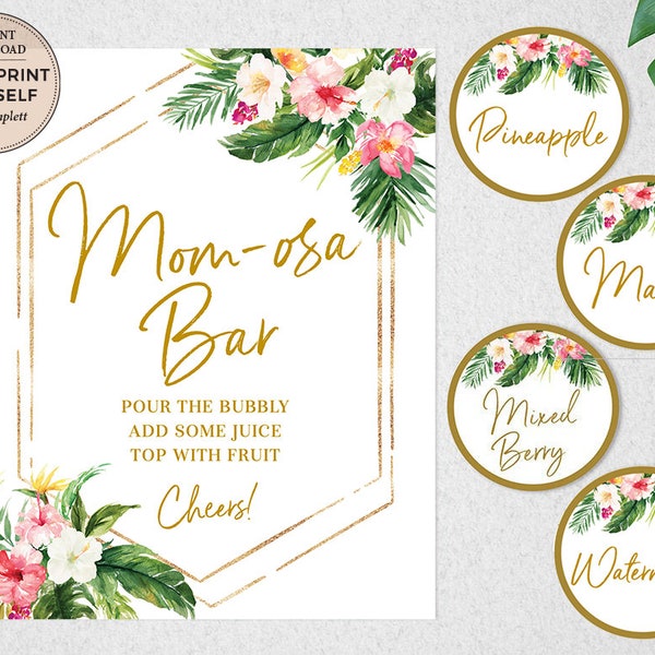 Letrero de bar y etiquetas para jugos Tropical Mom-osa (descarga instantánea)