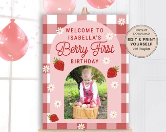 Editable Berry First Birthday Welcome Sign, First Birthday Welcome Sign, Birthday Welcome Sign, Berry First Birthday, Templett, #PBP115