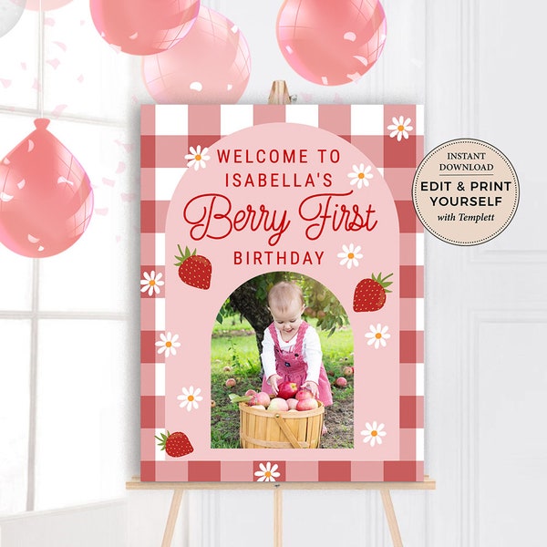 Editable Berry First Birthday Welcome Sign, First Birthday Welcome Sign, Birthday Welcome Sign, Berry First Birthday, Templett, #PBP115