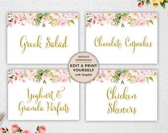 May include: Four white cards with gold text and floral accents. The cards read "Greek Salad", "Chocolate Cupcakes", "Yoghurt & Granola Parfaits", and "Chicken Skewers". A circular graphic reads "Instant Download, Edit & Print Yourself with Templett".