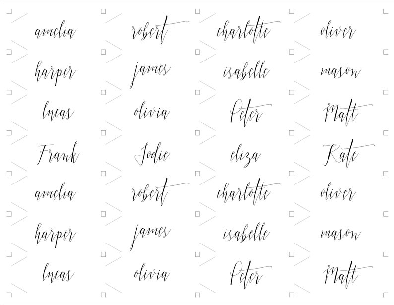 May include: A printable sheet of names written in cursive script. The names include Amelia, Harper, Lucas, Frank, Robert, James, Olivia, Jodie, Charlotte, Isabelle, Peter, Matt, Oliver, Mason, Eliza, Kate.