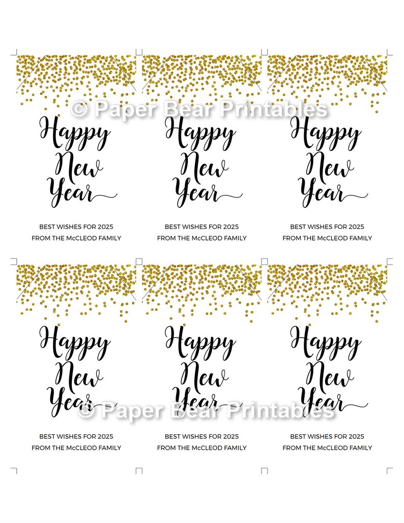 May include: White paper with six "Happy New Year" cards. Each card has gold confetti at the top and black script text. The text reads "Happy New Year" and "Best Wishes for 2025 From The Mcleod Family".