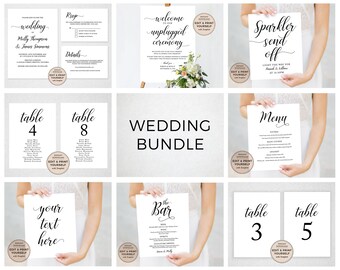 May include: A collection of wedding stationery templates, including invitations, RSVP cards, table numbers, menus, and signage. The designs feature elegant calligraphy and are available for instant download and self-printing. The central image reads "WEDDING BUNDLE."