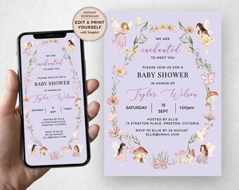 Fairy Baby Shower Invitation, Editable Fairy Baby Shower Invitation, Fairy Evite, Fairy Baby Shower, Instant Download, Templett, #PBP117