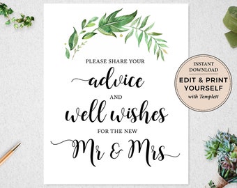 Advice and Well Wishes Sign, Advice and Well Wishes, Bridal Shower, Editable Bridal Shower Sign, INSTANT DOWNLOAD, Templett, #PBP86