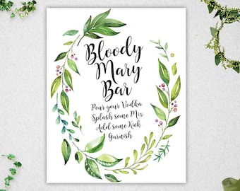 Greenery Bloody Mary Bar Sign // INSTANT DOWNLOAD // 8x10 // Bridal Shower // Wedding // Leafy Watercolor // Printable // #PBP86