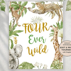 Bearbeitbares Safari-Geburtstagsschild: Vier Ever Wild-Vorlage (Templett)