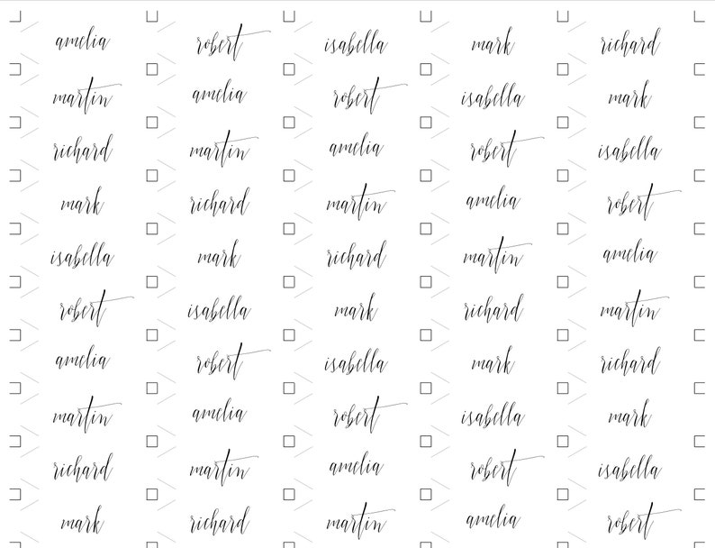 May include: A printable seating chart with the names Amelia, Robert, Isabella, Mark, Richard, and Martin repeated multiple times.