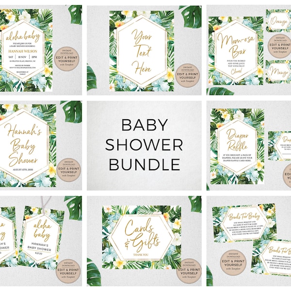 Paquete de plantillas para baby shower tropical: carteles e invitaciones editables (descarga instantánea)