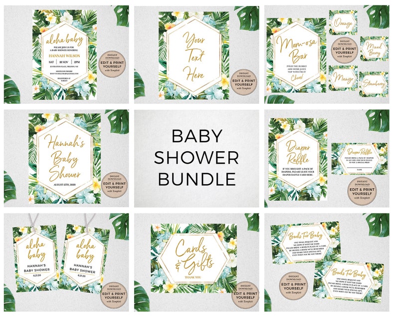 Baby Shower Bundle, Tropical, Editable Baby Shower Templates, Baby Shower Signs, Tropical Baby Shower, INSTANT DOWNLOAD, Templett, PBB98 image 1