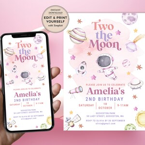 May include: A pink and purple space-themed birthday invitation with a watercolor background. The invitation says "Two the Moon" and features an astronaut, planets, stars, and a rocket. The text says "Please join us to celebrate Amelia's 2nd Birthday, Saturday, October 18, 9:11 AM, Geeveston Park, 50 Lady Street, Geeveston, WA, RSVP to Olivia by 30 September, olivia@gmail.com".