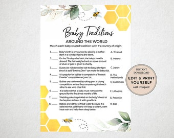 Bee Baby Traditions Game, Baby Traditions Game, Bee Baby Shower Game, Baby Traditions Shower Game, Games, Templett, #PBP113