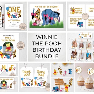 Winnie The Pooh Birthday Bundle, Winnie The Pooh First Birthday, Editable Winnie The Pooh Templates, INSTANT DOWNLOAD, Templett, #PBP114