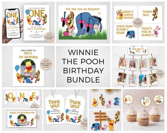 Winnie The Pooh Birthday Bundle, Winnie The Pooh First Birthday, Editable Winnie The Pooh Templates, INSTANT DOWNLOAD, Templett, #PBP114