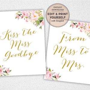 Kiss The Miss Goodbye, Kiss The Miss Sign, Kiss the Miss, From Miss To Mrs, Editable Bridal Shower Sign, INSTANT DOWNLOAD, Templett, #PBP85
