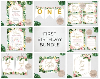 First Birthday Bundle, Tropical First Birthday, Editable First Birthday Templates, First Birthday Signs, INSTANT DOWNLOAD, Templett, #PBB98