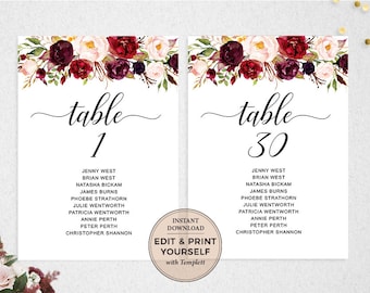 Floral Wedding Table Seating Chart Template (Instant Download)