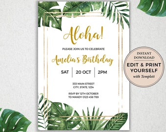 Tropical Invitation, Birthday Invitation, Editable Invitation, Tropical, Aloha Invitation, Instant Download, Templett, #PBP99