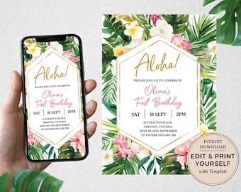 Tropical Birthday Invitation, First Birthday Invitation,  Evite, Editable Invitation, Tropical, Templett, Electronic Invitation, #PBB98