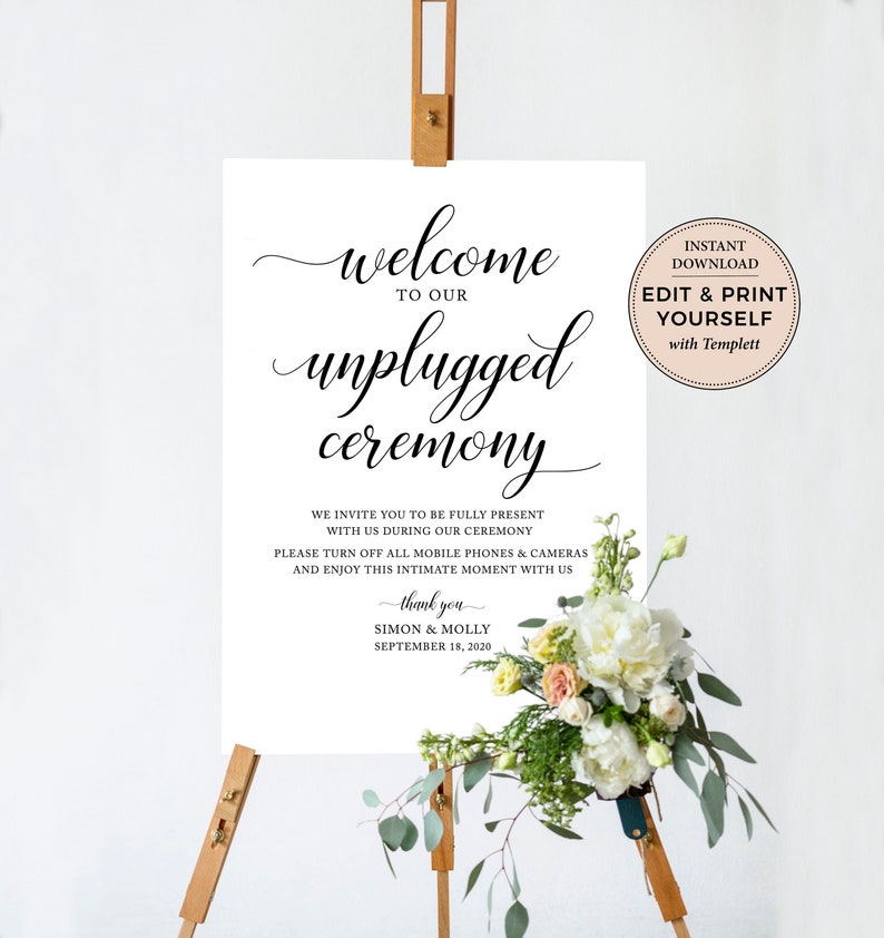 Unplugged Wedding Sign, Unplugged Ceremony Sign, Unplugged, Editable Unplugged Sign, Unplugged Wedding Welcome Sign, Templett, PBP104 image 1