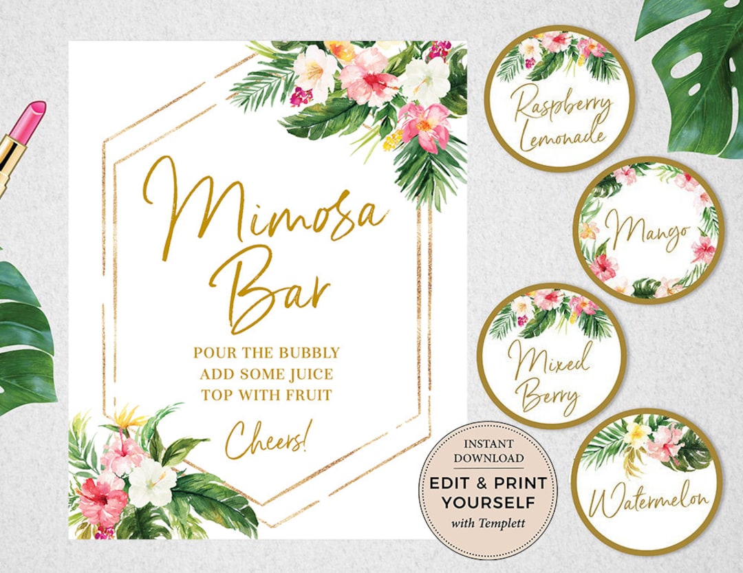 Tropical Mimosa Bar Juice Labels and Sign, Tropical Juice Labels ...