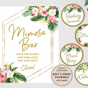 Mimosa Bar Juice Drink Tags - Mimosa Bar Labels for Bubbly Champagne Bars  at Bridal Shower, Party, Tropical Pink Flowers & Greenery, Kaitlin