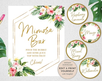 Tropical Mimosa Bar Juice Labels and Sign, Tropical Juice Labels, Tropical Mimosa Bar, Tropical, Templett, INSTANT DOWNLOAD, #PBB98