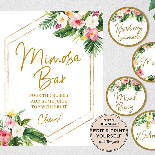 Letrero de bar de mimosa tropical y etiquetas para jugos: Decoración editable para fiestas (descarga instantánea)