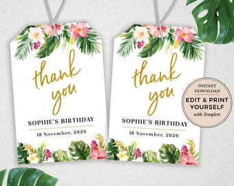 Birthday Thank You Tag, Thank You Tag, Birthday, Tropical Thank You Tag, Editable Tag, Instant Download, Templett, #PBB98