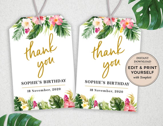 Birthday Thank You Tag, Thank You Tag, Birthday, Tropical Thank You Tag, Editable Tag, Instant Download, Templett, #PBB98 Il_570xn