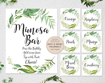 Cartello Mimosa Bar ed etichette per succhi: decorazioni per addio al nubilato (download immediato)