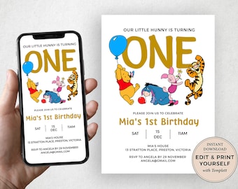 Editable Winnie The Pooh Invitation, Winnie The Pooh Evite, Winnie The Pooh, 1st Birthday Invitation, Instant Download, Templett, #PBP114