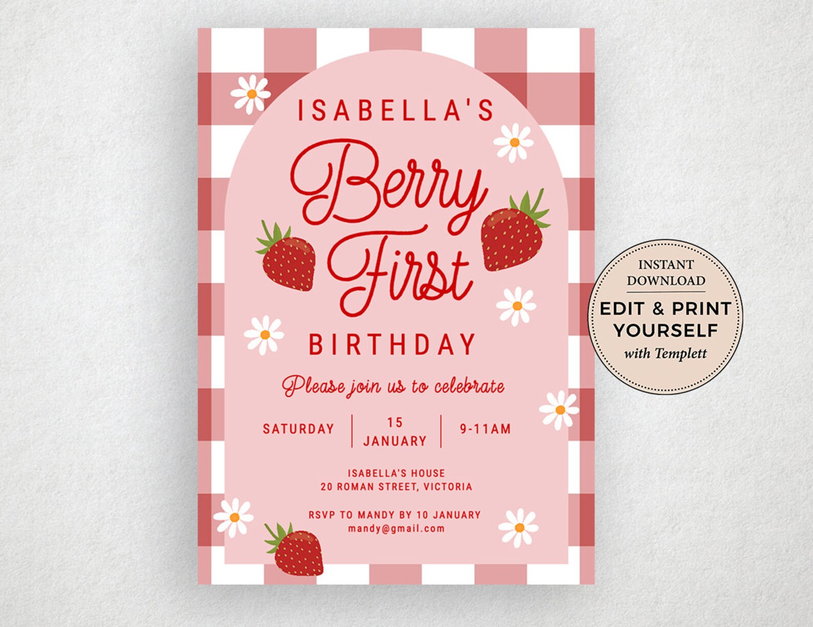 Berry First Birthday Invitation Editable Template (instant Download