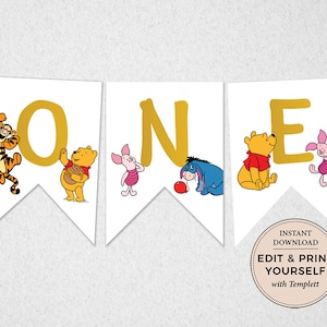 Winnie The Pooh 1st Birthday Banner: Editable High Chair Decor (Digital Download)