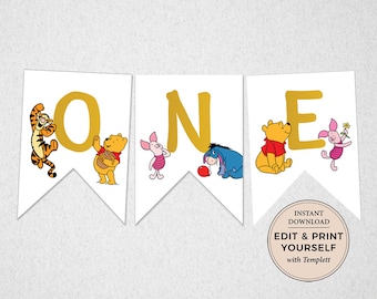 Winnie The Pooh High Chair Banner, Editable One Banner, 1st Birthday Banner, Winnie The Pooh Birthday, INSTANT DOWNLOAD, Templett, #PBP114