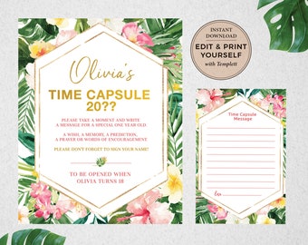 Tropical Time Capsule Sign & Card, Tropical Time Capsule, Editable Time Capsule, Time Capsule, First Birthday, Birthday, Templett, #PBB98