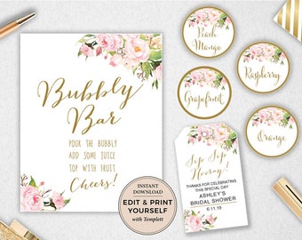 Bubbly Bar Package, Bubbly Bar Sign & Juice Labels, Tags, Editable, Sip Sip Hooray Tags, Bridal Shower, INSTANT DOWNLOAD, Templett, #PBP85