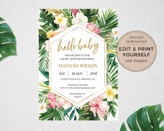 Tropical Baby Shower Invitation, Tropical Invitation, Baby Shower Invitation, Editable Invitation, Tropical Baby Shower, Templett, #PBB98