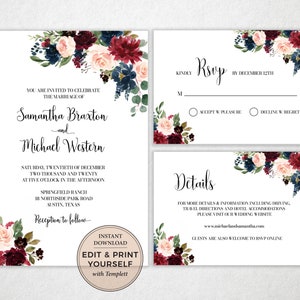 Wedding Invitation Bundle, Wedding Template, Wedding Invitation, Navy Burgundy Invitation, Templett, INSTANT DOWNLOAD, PBP101 image 1