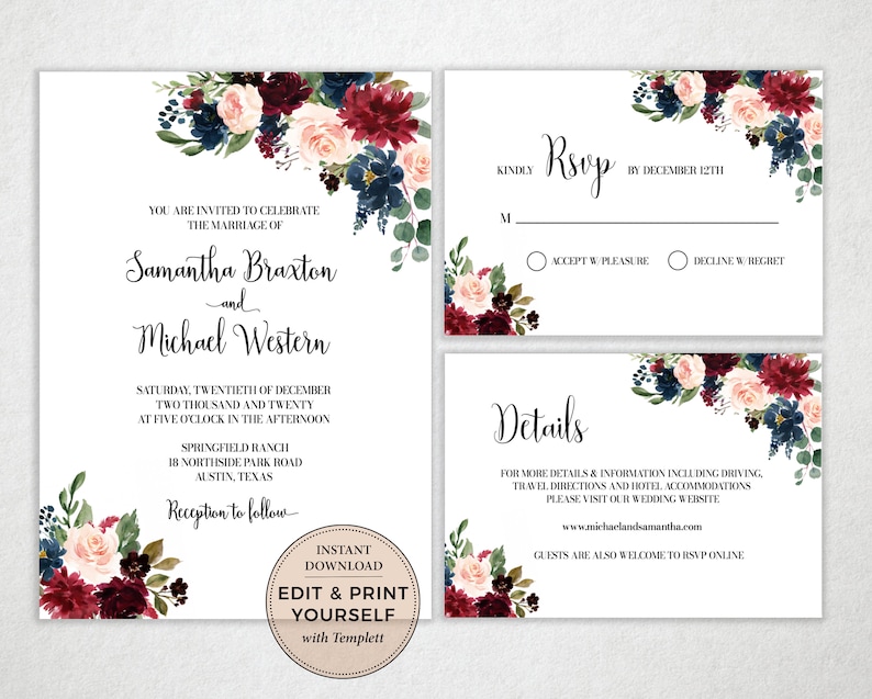 Wedding Invitation Bundle, Wedding Template, Wedding Invitation, Navy Burgundy Invitation, Templett, INSTANT DOWNLOAD, PBP101 image 1