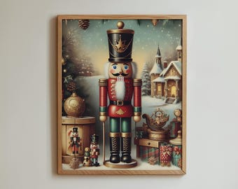 May include: A framed print featuring a classic Christmas nutcracker soldier. The nutcracker is in a red uniform with a black hat, set against a snowy winter scene with a church and presents. The artwork is in a wooden frame.