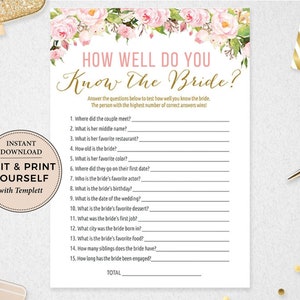 How Well Do You Know The Bride, Editable Game, How Well Do You Know The Bride, Instant Download, Bridal Shower Games, Templett, PBP85 image 1