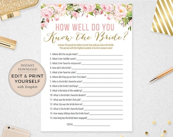 May include: A printable bridal shower game with a pink floral design. The game is called "How Well Do You Know The Bride?" and includes 15 questions about the bride.
