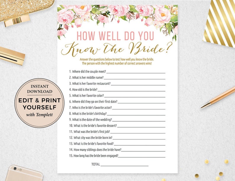 How Well Do You Know The Bride, Editable Game, How Well Do You Know The Bride, Instant Download, Bridal Shower Games, Templett, PBP85 image 1