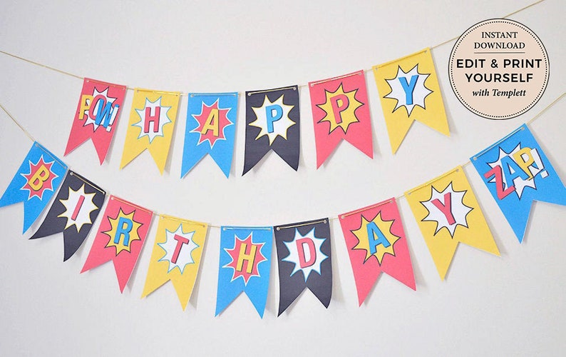 Superhero Birthday Banner, Editable Superhero Banner, Superhero Banner, Superhero Party, Superhero, Templett, INSTANT DOWNLOAD image 3