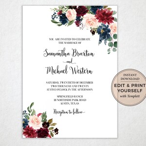 Wedding Invitation Bundle, Wedding Template, Wedding Invitation, Navy Burgundy Invitation, Templett, INSTANT DOWNLOAD, PBP101 image 2