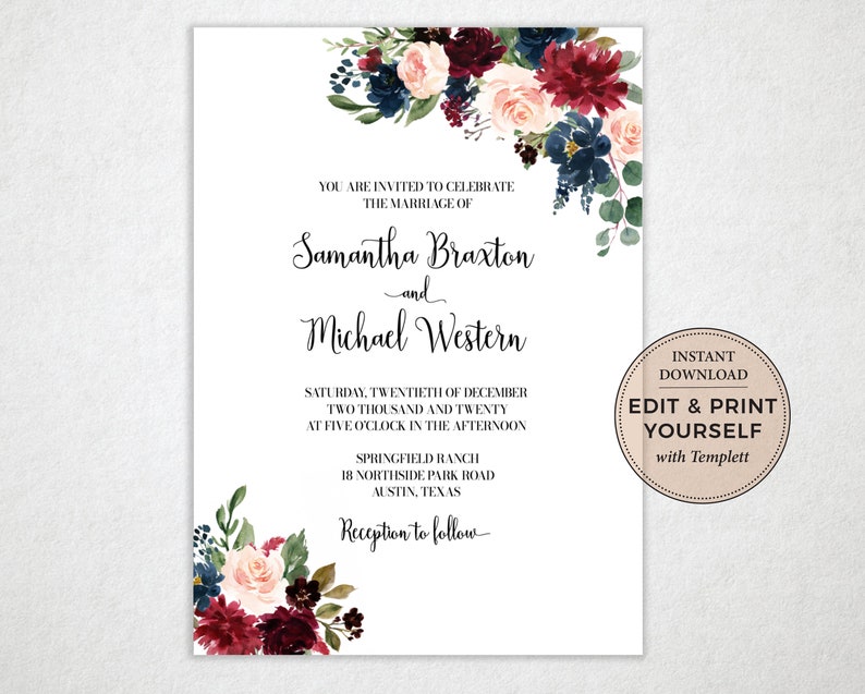 Wedding Invitation Bundle, Wedding Template, Wedding Invitation, Navy Burgundy Invitation, Templett, INSTANT DOWNLOAD, PBP101 image 2