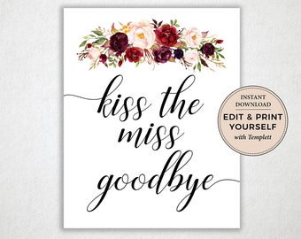 Kiss the Miss Goodbye Sign, Kiss the Miss Goodbye, Editable Template, Editable Bridal Shower Sign, Templett, #PBP97