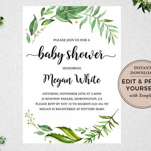 May include: A white baby shower invitation with green watercolor leaves and the text "Please join us for a baby shower honoring Megan White. Saturday, November 24th at 2:00 PM. 25 Ringway Parade, Mornington, CA. Please RSVP by Nov 18 to Sharon 0123 456 789. Megan is registered at Pottery Barn."  The invitation also has a brown circle with the text "Instant Download Edit & Print Yourself with Templett."