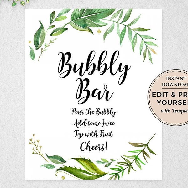 Bubbly Bar Sign, Editable Bubbly Bar Sign, Bubbly Bar, Bridal Shower Bubbly Bar, Bridal Shower Sign, INSTANT DOWNLOAD, Templett, #PBP86